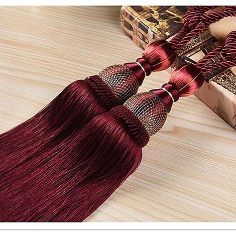 Lot de 2 embrasses à cordons avec pompons et boules, rouge, décoration fenêtre (1/5)