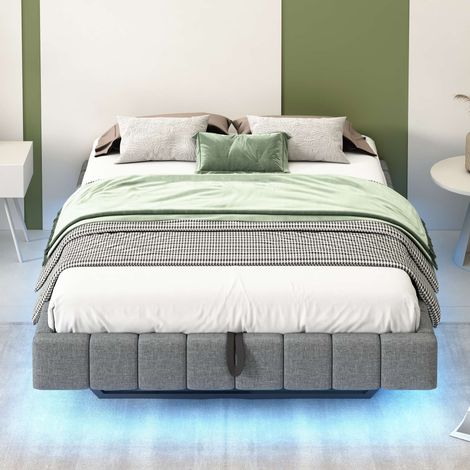 Lit coffre 140x200 cm gris en lin, effet flottant avec LED multicolore, rangement hydraulique, sans tête de lit, sommier 12 lattes inclus (1/5)