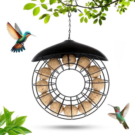 Fat Ball Dispenser Feeder Ball Feeder with Roof for Balcony and Garden, Black Round Fat Ball Holder, All Year Use for Wild Birds (1/5)
