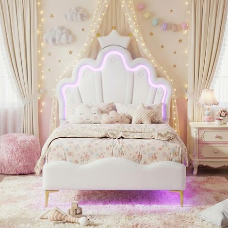 Lit simple enfant 90x200 – lit princesse, Tête de Lit Couronne avec LED Réglable, Sommier à Lattes, Design – Blanc (1/5)