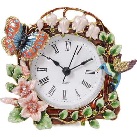 Orologio da tavolo decorativo floreale (farfalla e uccello) squisita cornice floreale adornata con fiori impreziositi da cristalli