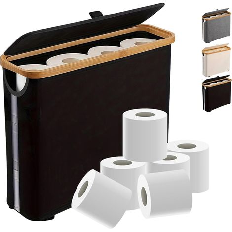 Toilettenpapierhalter für 12 Rollen, schmaler Korb mit Deckel, ideal fürs Badezimmer, aus robustem, leinenartigem Canvas, mit Gummifüßen, Maße: 43 x 15 x 8 cm (schwarz).