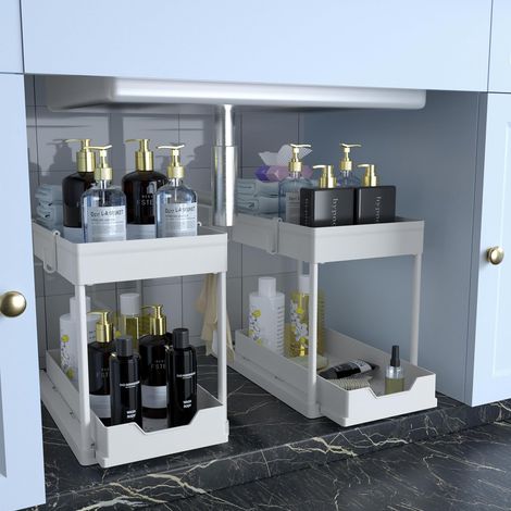 Organizzatore da cucina, 2 ripiani sottolavello, organizer per armadietto da cucina con 4 ganci, cestino per armadietto per cucina e bagno (bianco) (1/3)