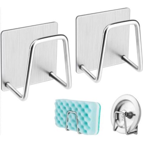 Porte-éponge adhésif pour évier, accessoire de cuisine - Acier inoxydable SUS304 antirouille, imperméable et à séchage rapide (lot de 2) (1/5)