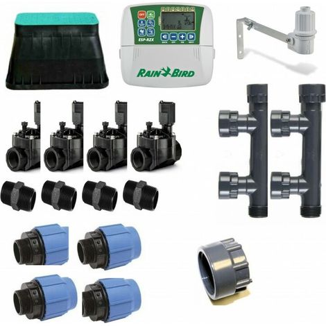 Rain Bird – Kit d'irrigation automatique 4 zones – Système complet avec électrovannes et détecteur de pluie – Arrosage pour jardinières et espaces extérieurs