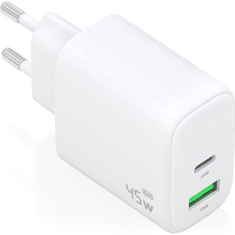 AISENS - CARGADOR GaN 45W, 1xUSB-C PD3.0 QC4.0, 1xUSB-A QC3.0, BLANCO