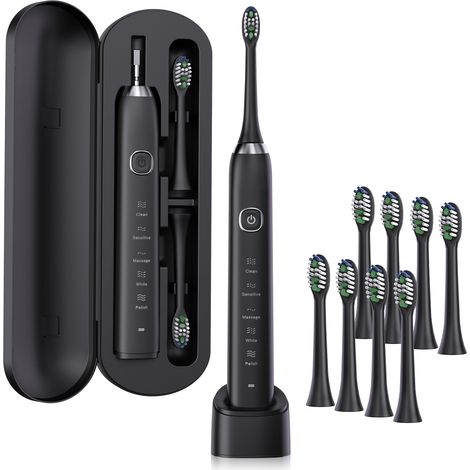 Brosse à Dent Électrique Soniques,Avec 8 Têtes de Brossage,5 Modes, Minuterie Intégrée de 2 Minutes,Rappel de 30 Secondes,Étui de Voyage Inclus,IPX7,Homme/Femme (Noir) (1/5)