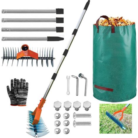 Manual Lawn Scarifier with Handle 163 cm, Rake Aerator Garden Waste Bag, for Cleaning Dead Lawns and Repairing Gardens (Orange, 163cm) (1/5)