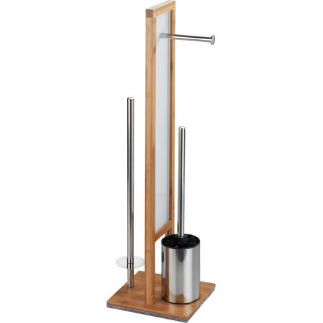 Wenko – Porte-papier hygiénique et brosse WC 3-en-1 en bambou et verre trempé – À poser sans perçage – Dimensions 20x18x70cm – Pour petites salles de bain (1/7)