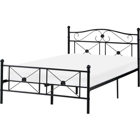 EU Small Double Size Panel Bed 4ft Black Metal Frame Slatted Base Retro RODEZ