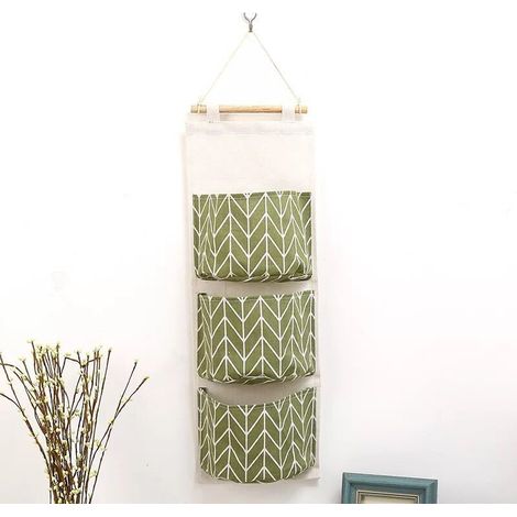 Sac de rangement suspendu à 3 couches motif géométrique, en lin mélangé, sac mural pour porte ou mur, sac de rangement tissu, vert (1/5)