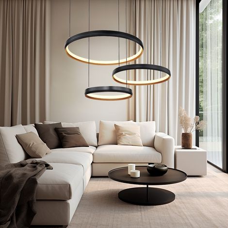 Hängelampe schwarz Pendelleuchte dimmbar Esszimmerlampe, LED Ringe Fernbedienung CCT, Metall gold, LED 55W 1800lm 2700-6000K, LxBxH 76,7x50,3x150 cm