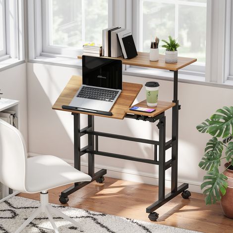 Bureau assis debout bureau réglable en hauteur 70 x 60 cm à roulettes avec plateau inclinable cadre en métal marron