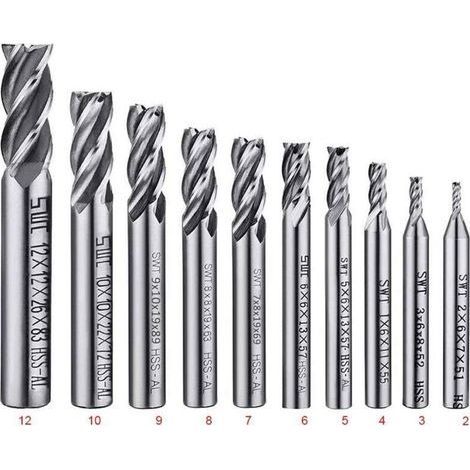 Lot de 10 forets à 4 cannelures - de 2 à 12 mm Fraise en Bout- Ensemble de forets à tige droite HSS CNC pour perceuse - Ensemble d'outils pour bois, aluminium, acier et titane (1/5)