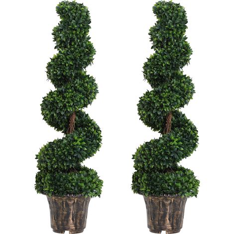 Outsunny 2 Pack Artificial Boxwood Spiral Tree Decorative Plant w/ Pot