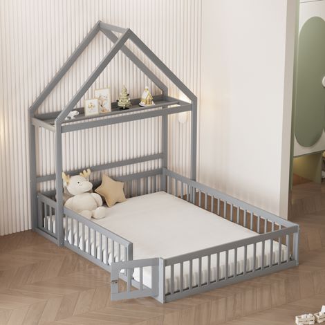 Letto a casetta bambini 140 x 200 cm a filo pavimento con sponda, porta e rete a doghe in legno, grigio, senza materasso (1/5)