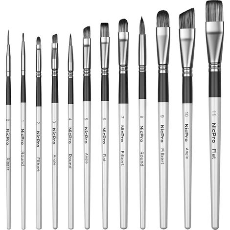 Set di 12 pennelli per artisti Nicpro, pennelli professionali in nylon per principianti e professionisti, piccoli pennelli in miniatura per acquerello, acrilico, artigianato e modellismo. (1/5)
