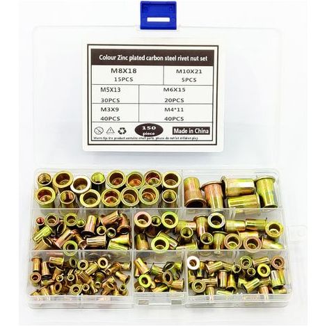 Rivet Écrous en Acier Carbone Inserts Filetés Écrou Aveugle Inox Tête Plate Rivets M3 M4 M5 M6 M8 M10 150 Pièces (1/5)