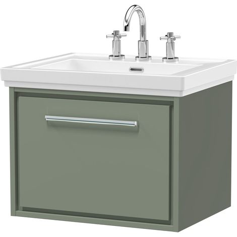 Balterley Longnor Modern Bathroom Wall Hung Single Drawer Vanity Unit with Fireclay Basin, Fern Green, 600mm