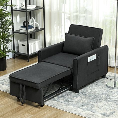 3-in-1-Schlafsofa mit Seitentaschen und verstellbarer Rückenlehne, moderner Sessel, der sich in einen Liegesessel oder ein Einzelbett verwandeln lässt, Bezug in Samtoptik, 74 x 84 x 81 cm, Dunkelgrau (1/5)