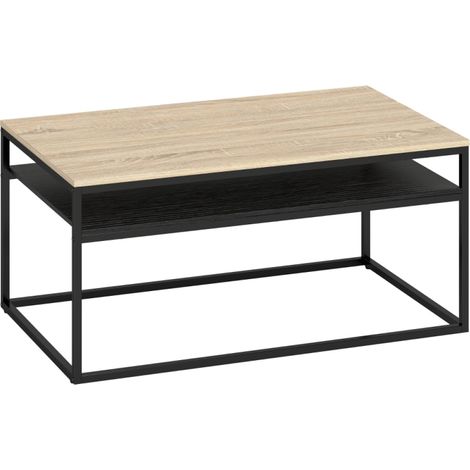 Design industriel 2 niveaux pour un salon bien rangé, table basse chêne/noir pour séjour, chambre ou bureau (1/5)