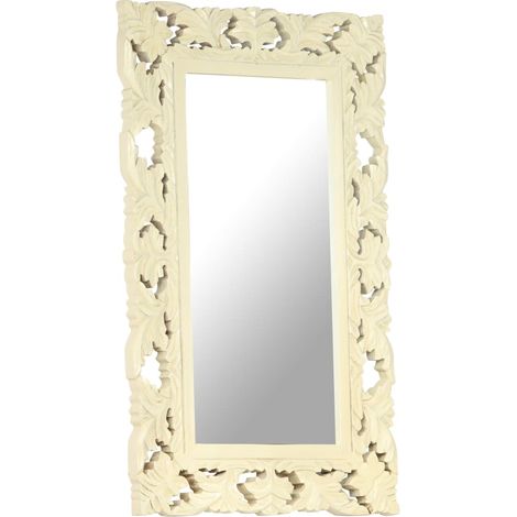 Miroir sculpté à la main Luxueux, Miroir chambre, Blanc 80x50 cm Bois de manguier massif OIB5474E (1/5)