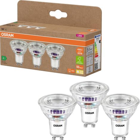 OSRAM LED à réflecteur de classe énergétique PAR16 de 2,5 W, 450 lm, blanc chaud (2700 K) en verre transparent sans plomb avec culot GU10 de classe d'efficacité énergétique A, diamètre 50 mm, IP20. (1/5)