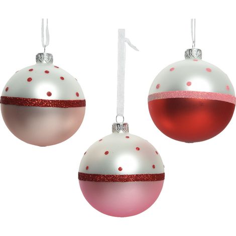 PALLINA DI NATALE IN VETRO ROSA/ROSSA CON POIS ASSORTITA 8CM