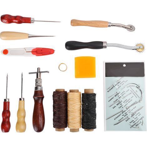 Set mit 14 DIY-Ledernähwerkzeugen, inklusive Fingerhut, Schere, Ahle und Bastelzubehör (1/5)