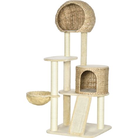 Arbre à chats sisal naturel 2 niches plateforme hamac peluche jacinthe d'eau beige 60 x 60 x 150 cm