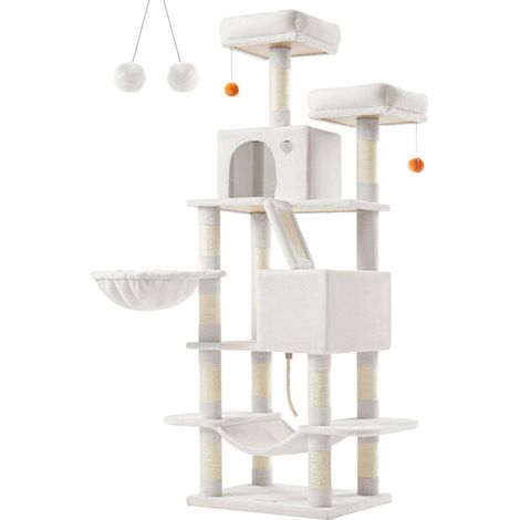 Grande albero tiragraffi a torre alto 168 cm con 13 pali tiragraffi 1 tavola tiragraffi 2 piattaforme 2 nascondigli cestino amaca pon-pon tessuto felpato multilivello bianco 120003842