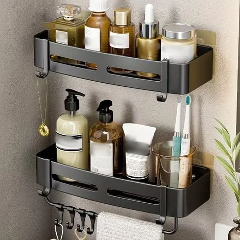 (2 carrés noirs HR) 1 étagère de rangement murale d'angle en aluminium sans perçage pour salle de bain - Idéale pour ranger shampoing, gel douche et cosmétiques. (1/5)
