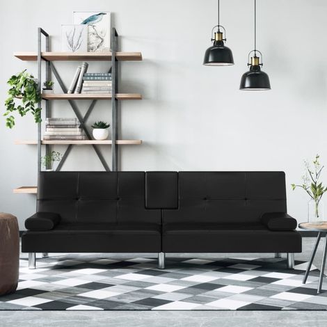 Canapé-lit Chaise Longue au Sol Canapé convertible avec porte-gobelets noir similicuir XZZ4733 (1/5)