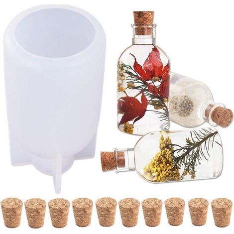 Molde de silicona con forma de botella para pantalla de lámpara – Incluye 10 tapones de madera – Para resina epoxi, velas, jabón y decoración (1/5)