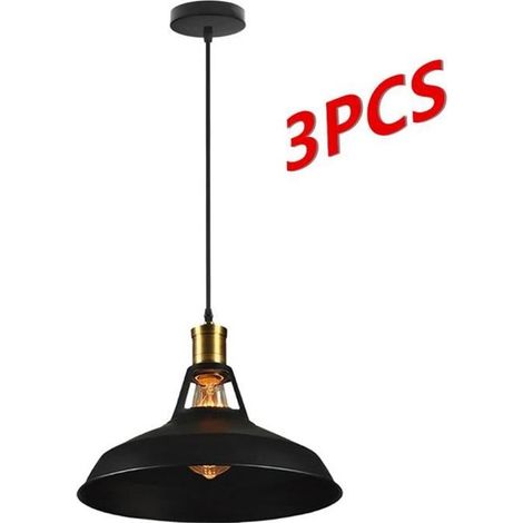 Suspension Industrielle Métal - Lot de 3 - Style Rétro Edison - Culot E27 - Pour Salon Cuisine Couloir - Noir Ø27cm (1/4)