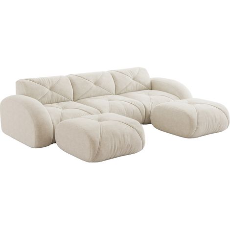 Sofá modular en U de 3 plazas con 2 pufs, chenilla beige claro, sin montaje (1/5)