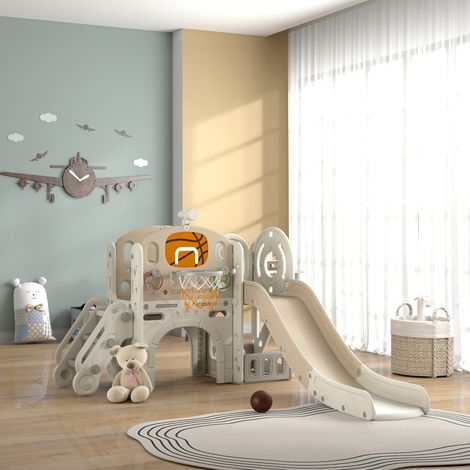 Estructura de juegos infantiles, tobogán 7 en 1, parque infantil interior con espacio de almacenamiento y túnel para gatear, 186x153x111 cm, blanco crema.