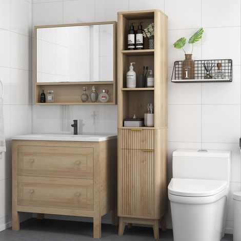Mobiletto da bagno alto con ripiani e cassetto, design compatto e funzionale per piccoli spazi, 33x30x170 cm, tonalità legno. (1/5)