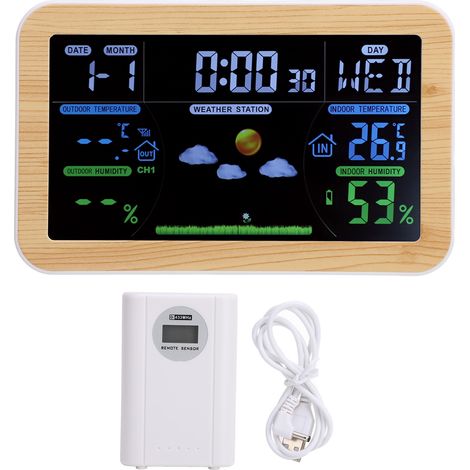 Horloge météo LCD intérieure/extérieure avec moniteur de température et d'humidité et prévisions météo sur 24 heures pour garage/débarras (1/5)