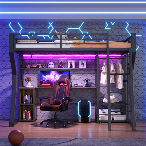 Lit mezzanine bureau 90 x 200 cm, avec LED, prise, penderie, étagères et rangements - cadre en métal - Noir