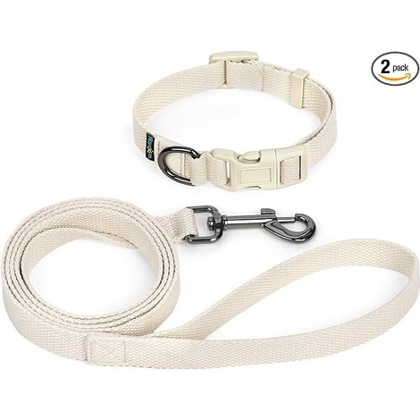 Ensemble Collier Chiot Réglable 25-40cm et 1.5M Laisse pour Petit Chien Chat Chaton Collier en Coton Laisse de Dressage pour Petits Chiens Chats, Large 2cm-Beige (1/5)