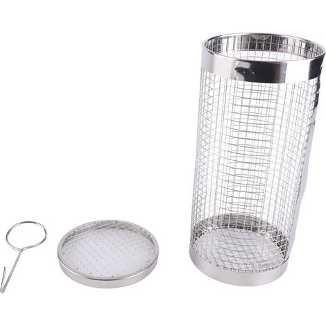 Panier à griller roulant et portable en acier inoxydable, de forme cylindrique, à mailles fines, pour le camping et les pique-niques. (1/5)
