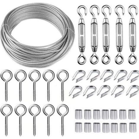 DBBEGK Kit de câble métallique en acier inoxydable de 30 m/2 mm avec tendeur de fil robuste M5, kit de rouleau de fil de clôture, kit de garde-corps de câble, tendeurs de fil de jardin pour plantes gr (1/5)