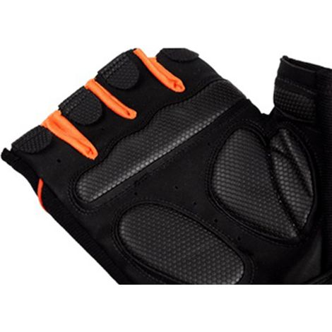 Une paire de gants de sport, gants antidérapants noirs et orange à demi-doigts, taille XL, adaptés à l'exercice physique. (1/5)