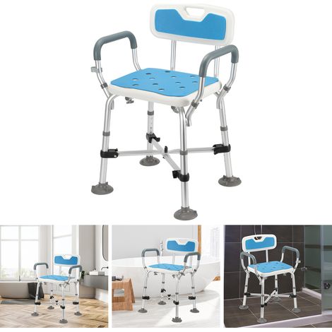 Jiubiaz Silla de Ducha Reforzada con Respaldo y Cojín, Soporte en Cruz Ultra Estable (180kg), Patas Anchas (1/5)