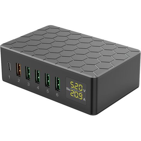 Station de charge USB 6 ports 65 W QC3.0, hub de charge USB-A multiports avec affichage LED, chargeur de bureau compact pour plusieurs appareils