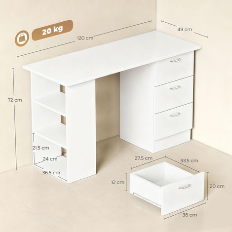 Bureau d'ordinateur avec 3 tiroirs et 3 étagères, bureau en bois pour chambre ou bureau, 120 x 49 x 72 cm, blanc (1/5)