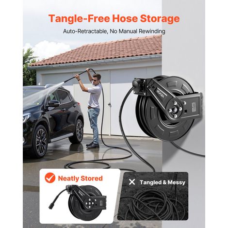 Enrouleur de Tuyau pour Nettoyeur Haute Pression 18,3 m x 6,4 mm, Dévidoir Rétractable Acier, Montage sur Mur, Sol, Pression 275,8… (1/5)