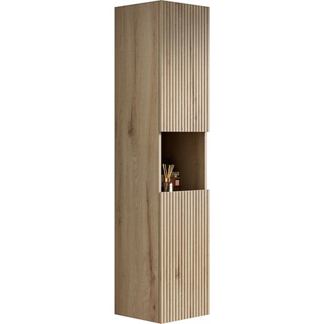 Mobiletto bagno alto 160 cm con 2 ante e vano aperto, struttura in multistrato effetto rovere bianco (1/5)