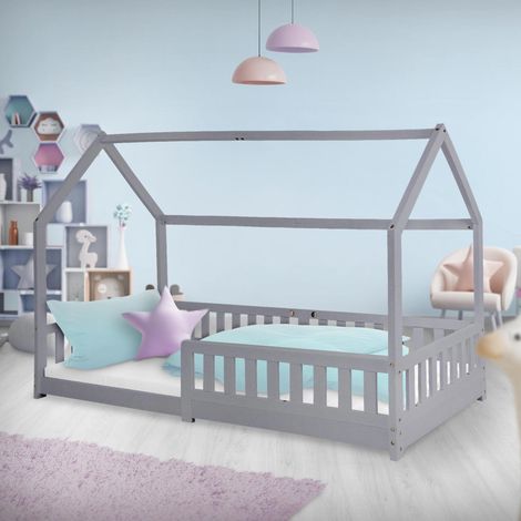 ML-Design Letto a Casetta per Bambini 90 x 200 cm Grigio, in Legno di Pino, Struttura con Protezione Anticaduta, Tetto e Rete a Doghe, Lettino a Terra Montessori a Forma di Casa per Cameretta (1/5)